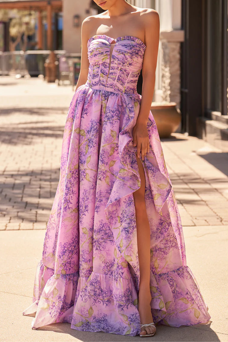 Lilac Tulle Floral A-Line Corset Detachable Sweetheart Neck Floor Length Long Split Prom Dress