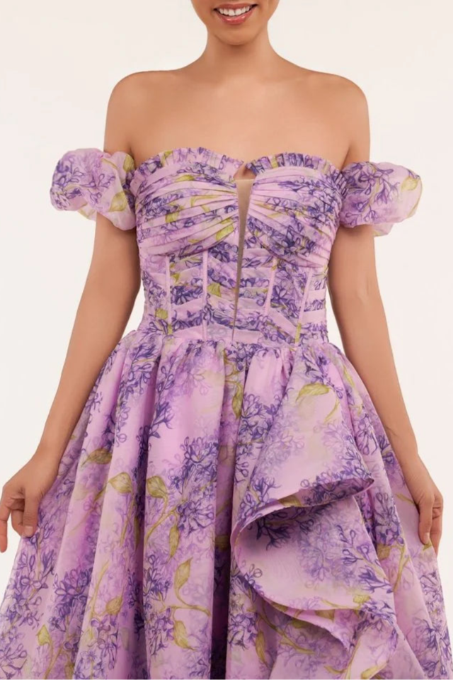 Lilac Tulle Floral A-Line Corset Detachable Sweetheart Neck Floor Length Long Split Prom Dress