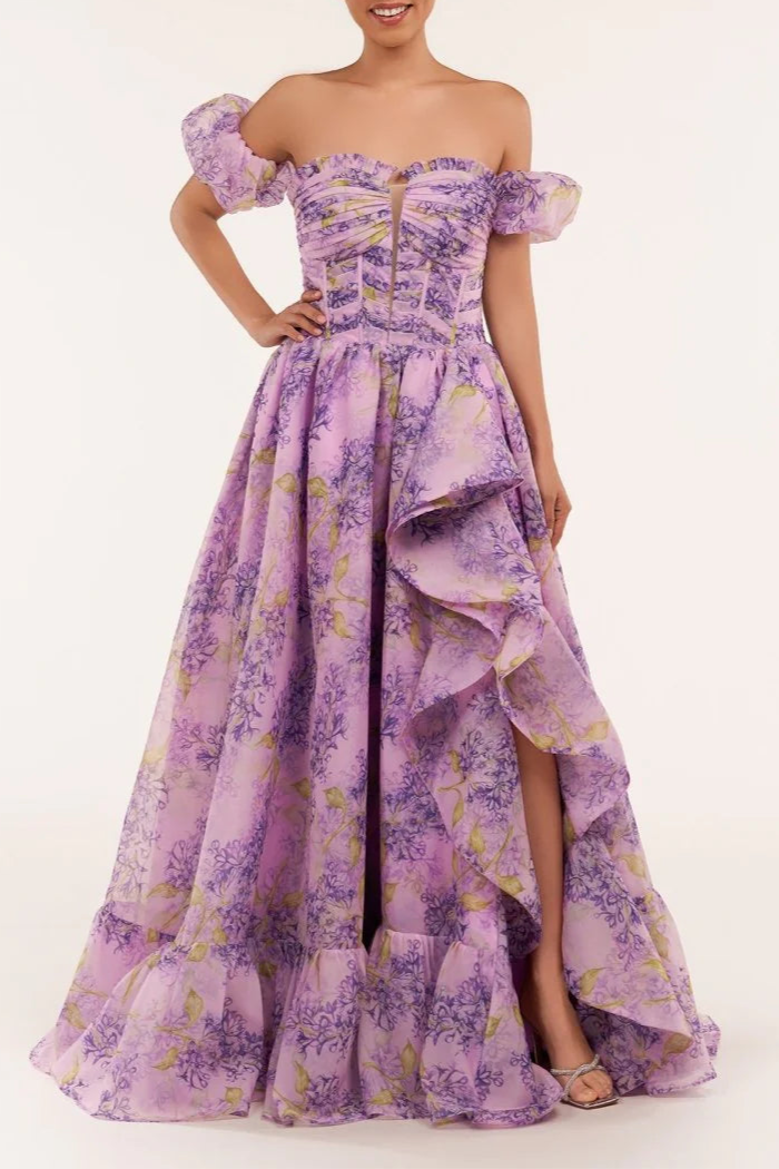 Lilac Tulle Floral A-Line Corset Detachable Sweetheart Neck Floor Length Long Split Prom Dress