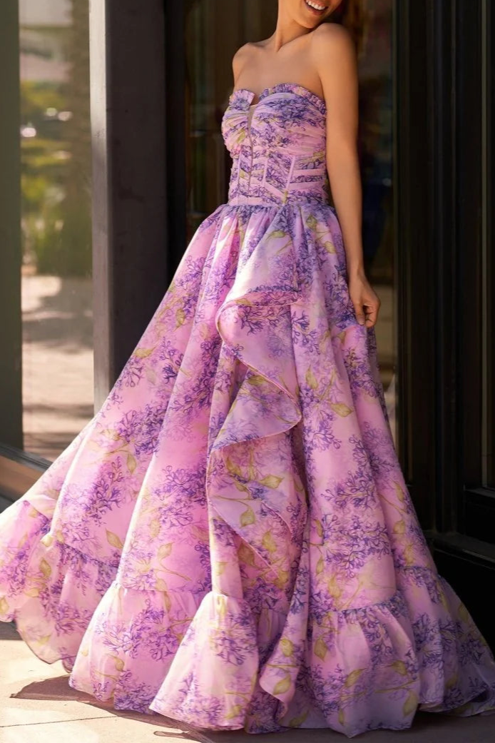 Lilac Tulle Floral A-Line Corset Detachable Sweetheart Neck Floor Length Long Split Prom Dress