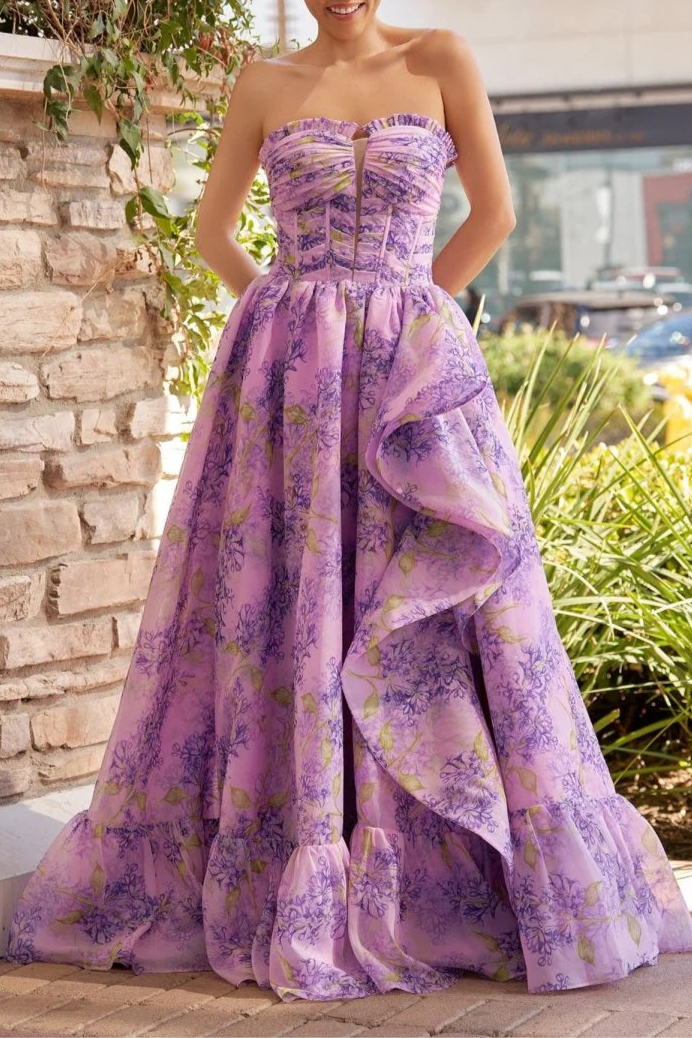 Lilac Tulle Floral A-Line Corset Detachable Sweetheart Neck Floor Length Long Split Prom Dress