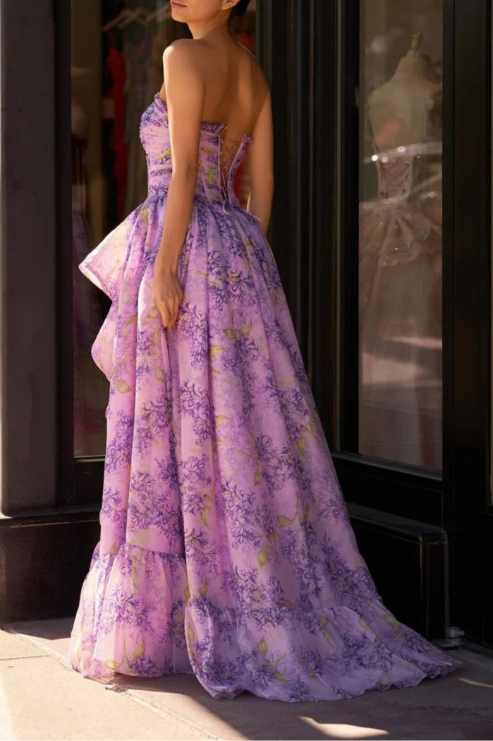 Lilac Tulle Floral A-Line Corset Detachable Sweetheart Neck Floor Length Long Split Prom Dress