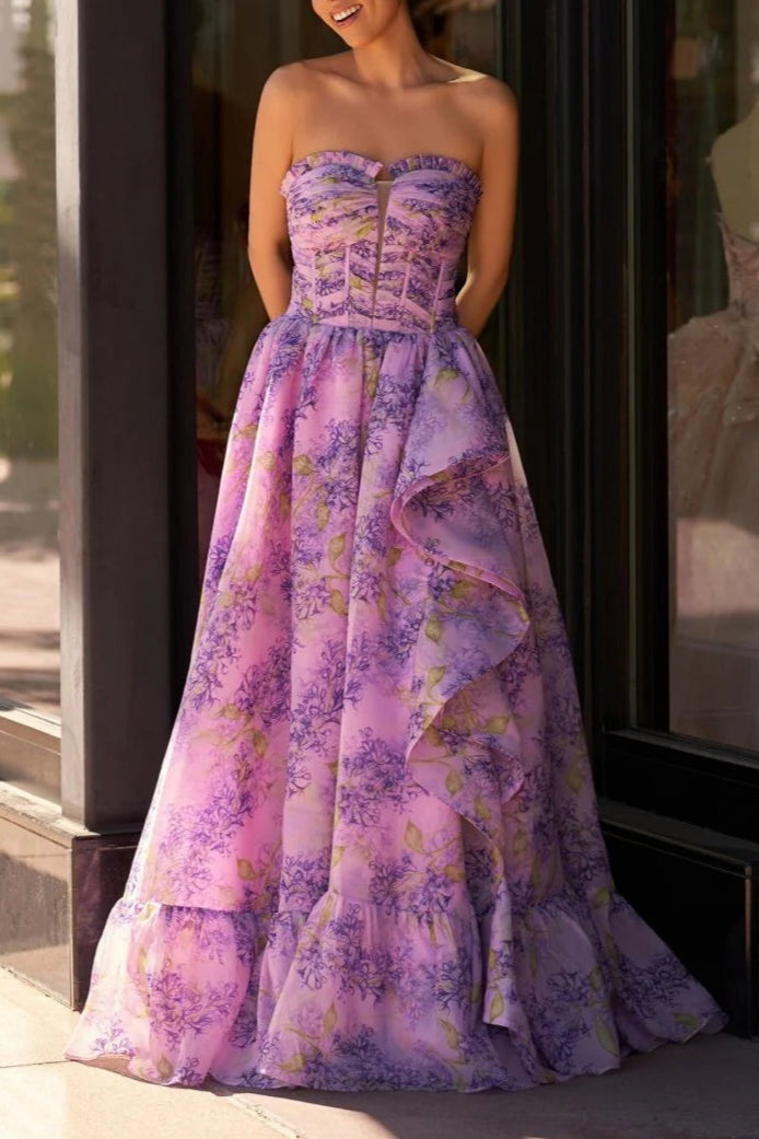 Lilac Tulle Floral A-Line Corset Detachable Sweetheart Neck Floor Length Long Split Prom Dress