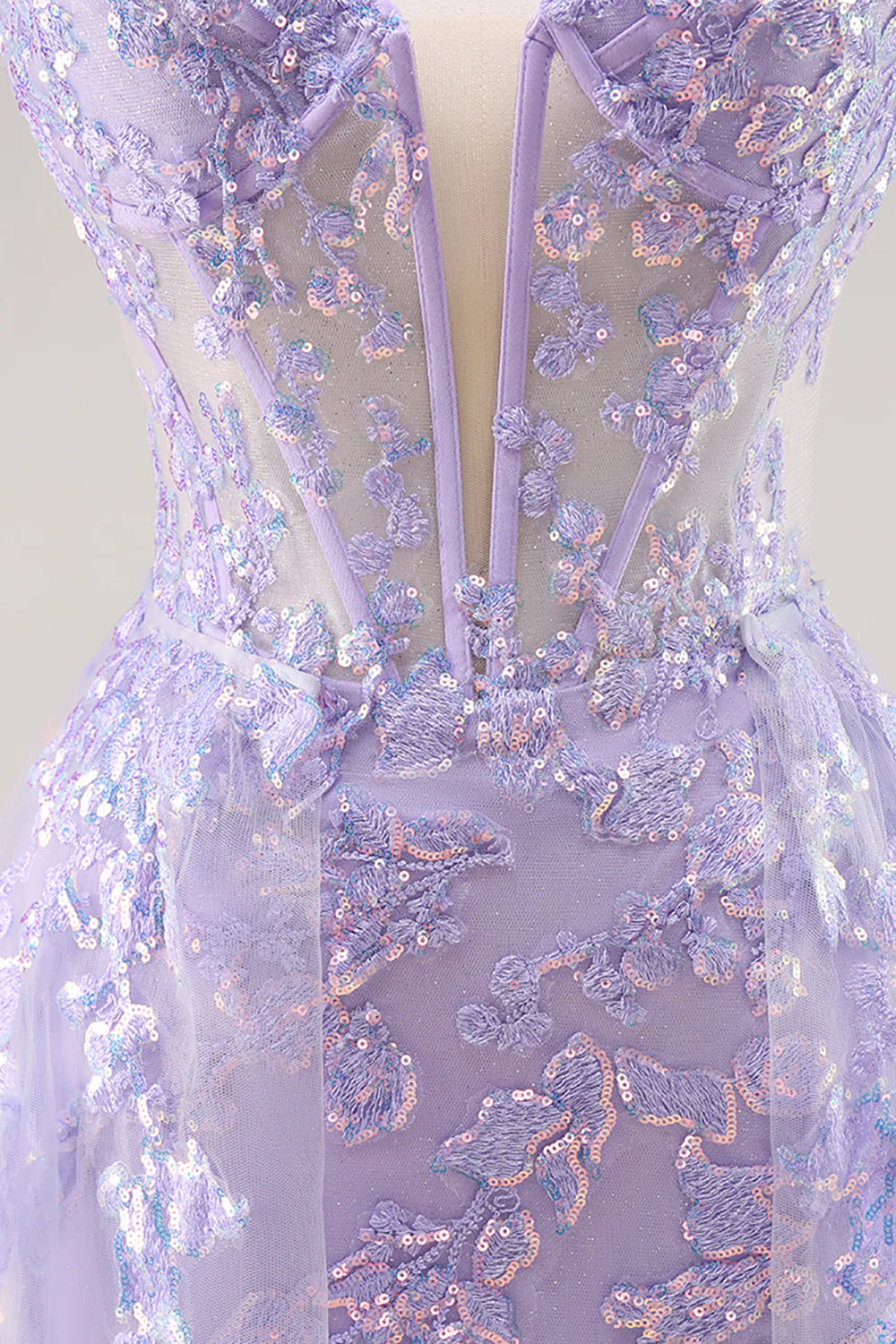 Lilac Tulle Sequins Deep V Neck Strapless Corset Prom Dress With Detachable Overlay