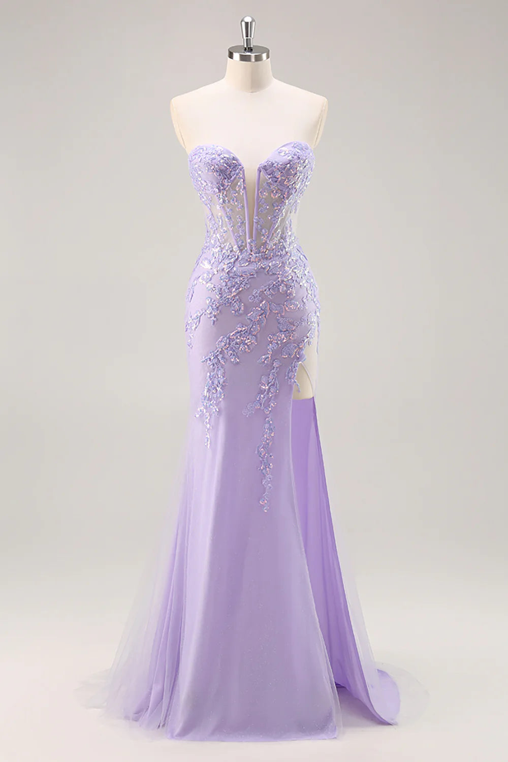 Lilac Tulle Sequins Deep V Neck Strapless Corset Prom Dress With Detachable Overlay