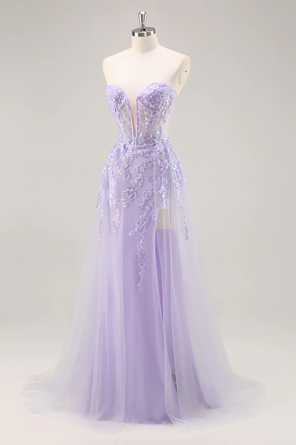 Lilac Tulle Sequins Deep V Neck Strapless Corset Prom Dress With Detachable Overlay