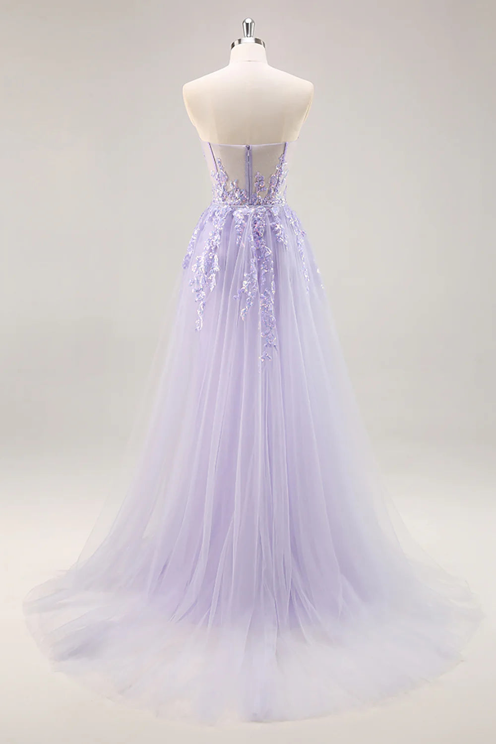Lilac Tulle Sequins Deep V Neck Strapless Corset Prom Dress With Detachable Overlay