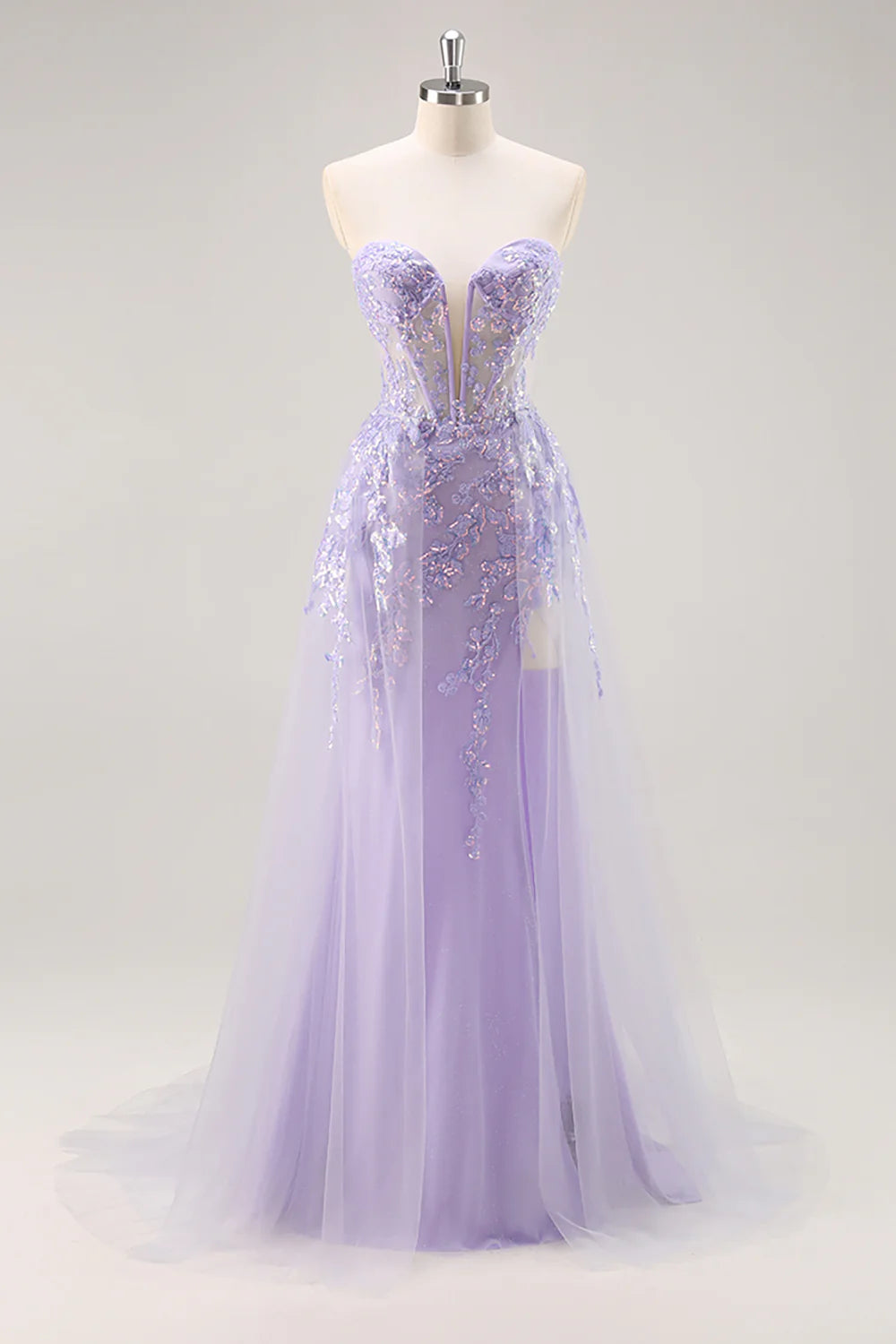 Lilac Tulle Sequins Deep V Neck Strapless Corset Prom Dress With Detachable Overlay