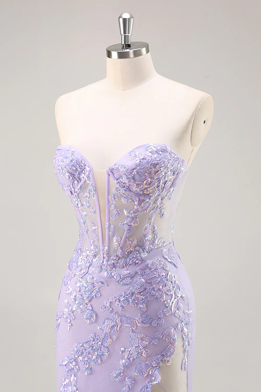 Lilac Tulle Sequins Deep V Neck Strapless Corset Prom Dress With Detachable Overlay