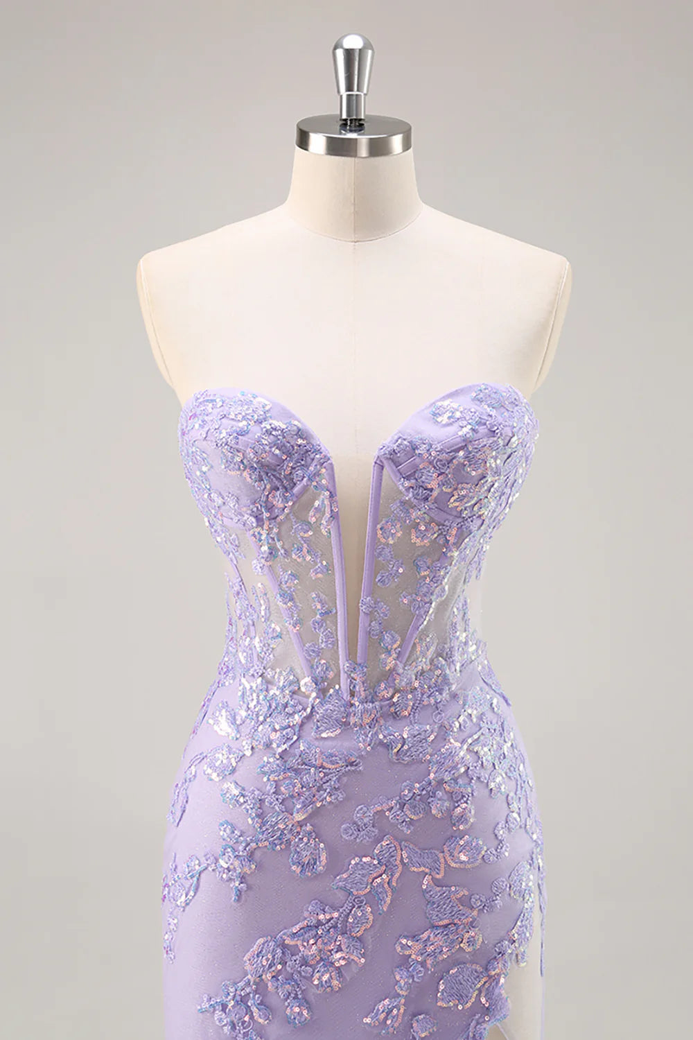 Lilac Tulle Sequins Deep V Neck Strapless Corset Prom Dress With Detachable Overlay