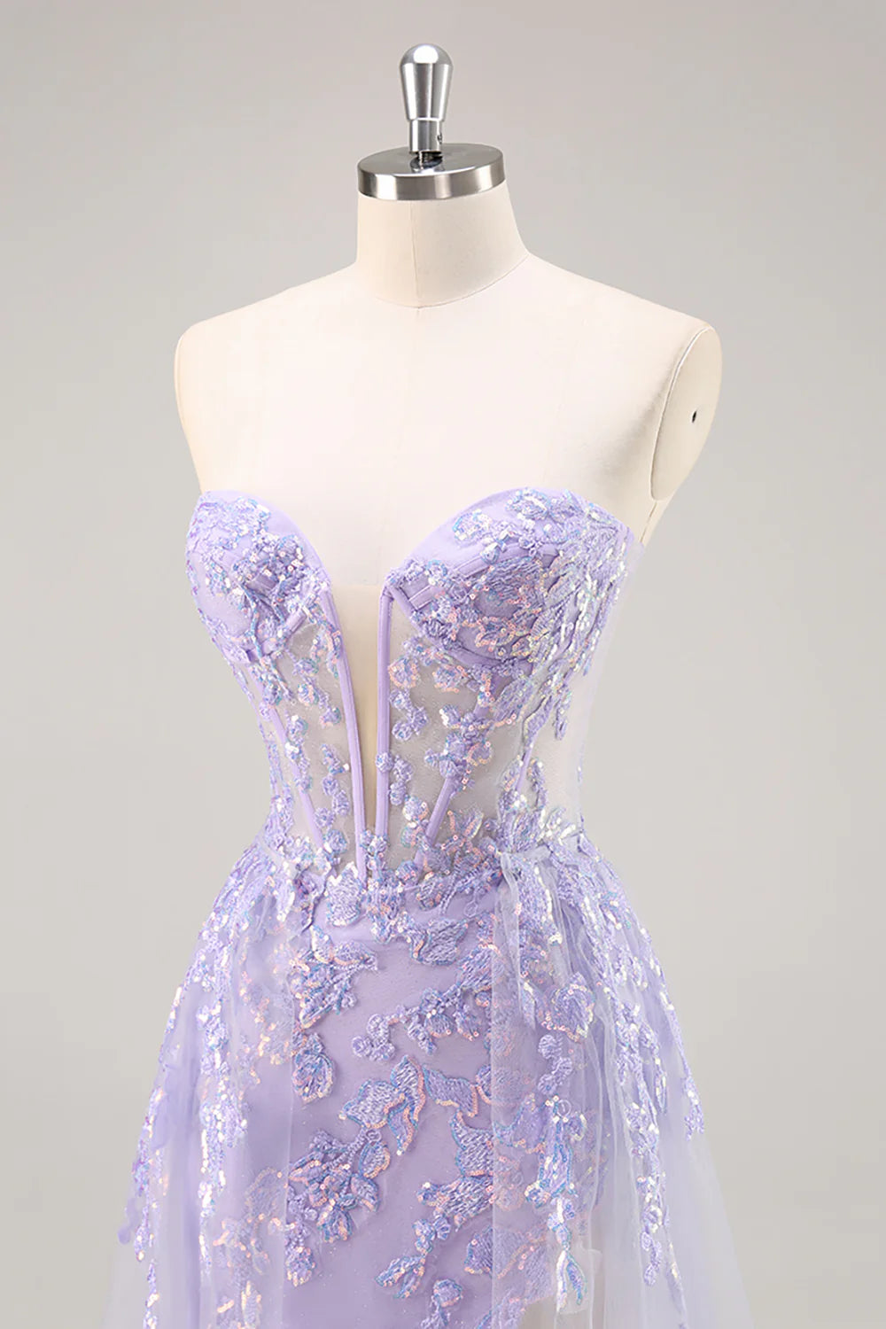 Lilac Tulle Sequins Deep V Neck Strapless Corset Prom Dress With Detachable Overlay
