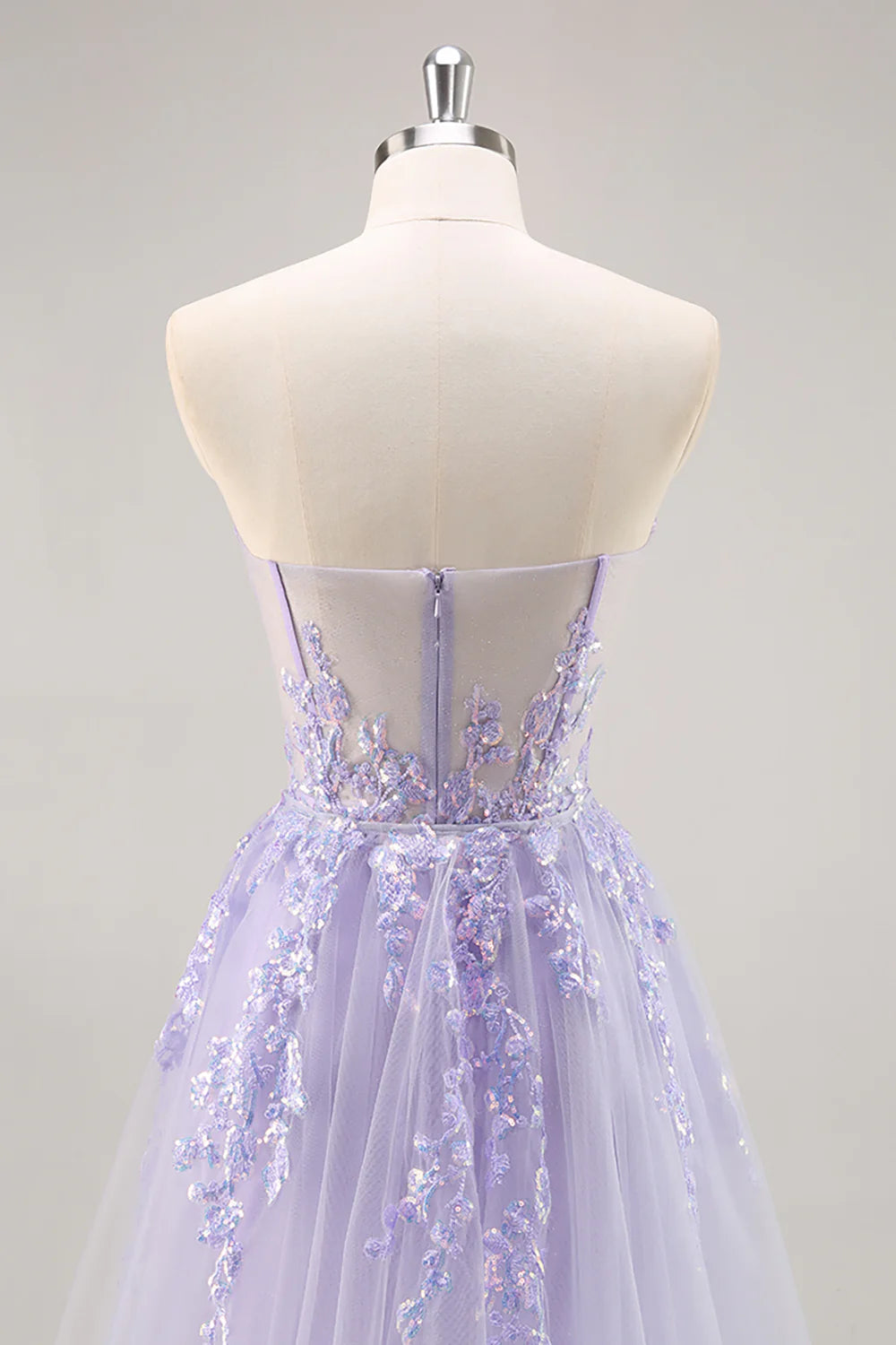 Lilac Tulle Sequins Deep V Neck Strapless Corset Prom Dress With Detachable Overlay