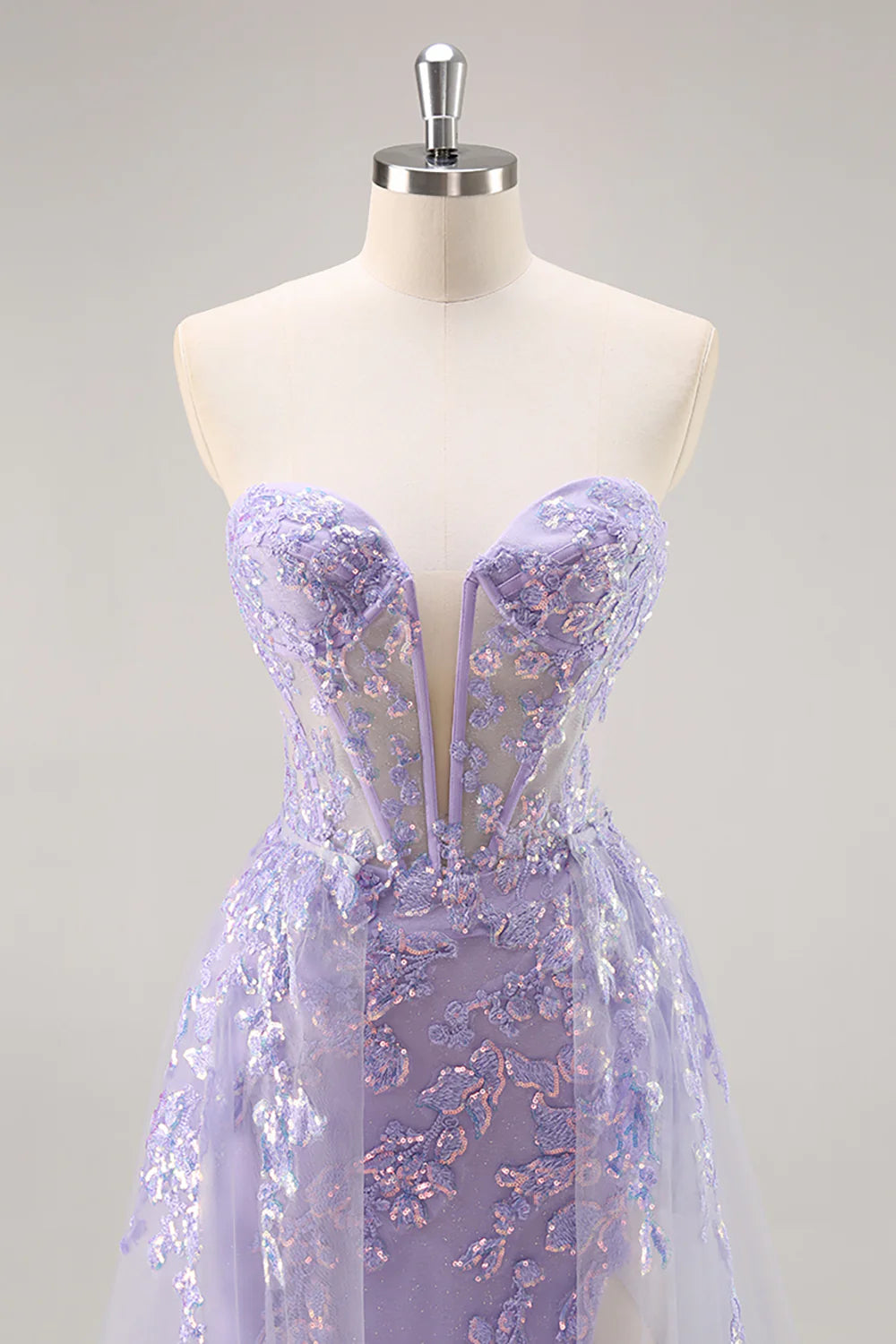 Lilac Tulle Sequins Deep V Neck Strapless Corset Prom Dress With Detachable Overlay