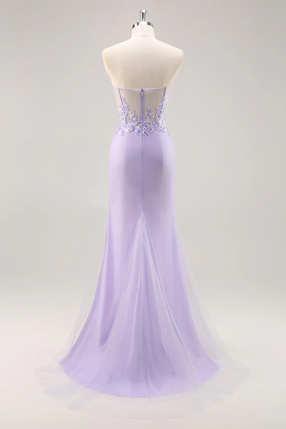 Lilac Tulle Sequins Deep V Neck Strapless Corset Prom Dress With Detachable Overlay