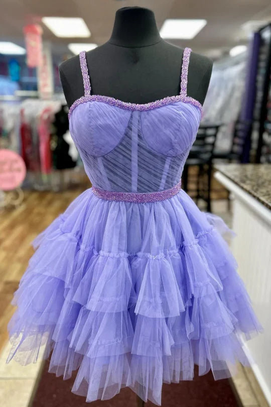 Lilac Tulle Spaghetti Straps A-Line Sweetheart Ruffles Short Homecoming Dress With Beaded