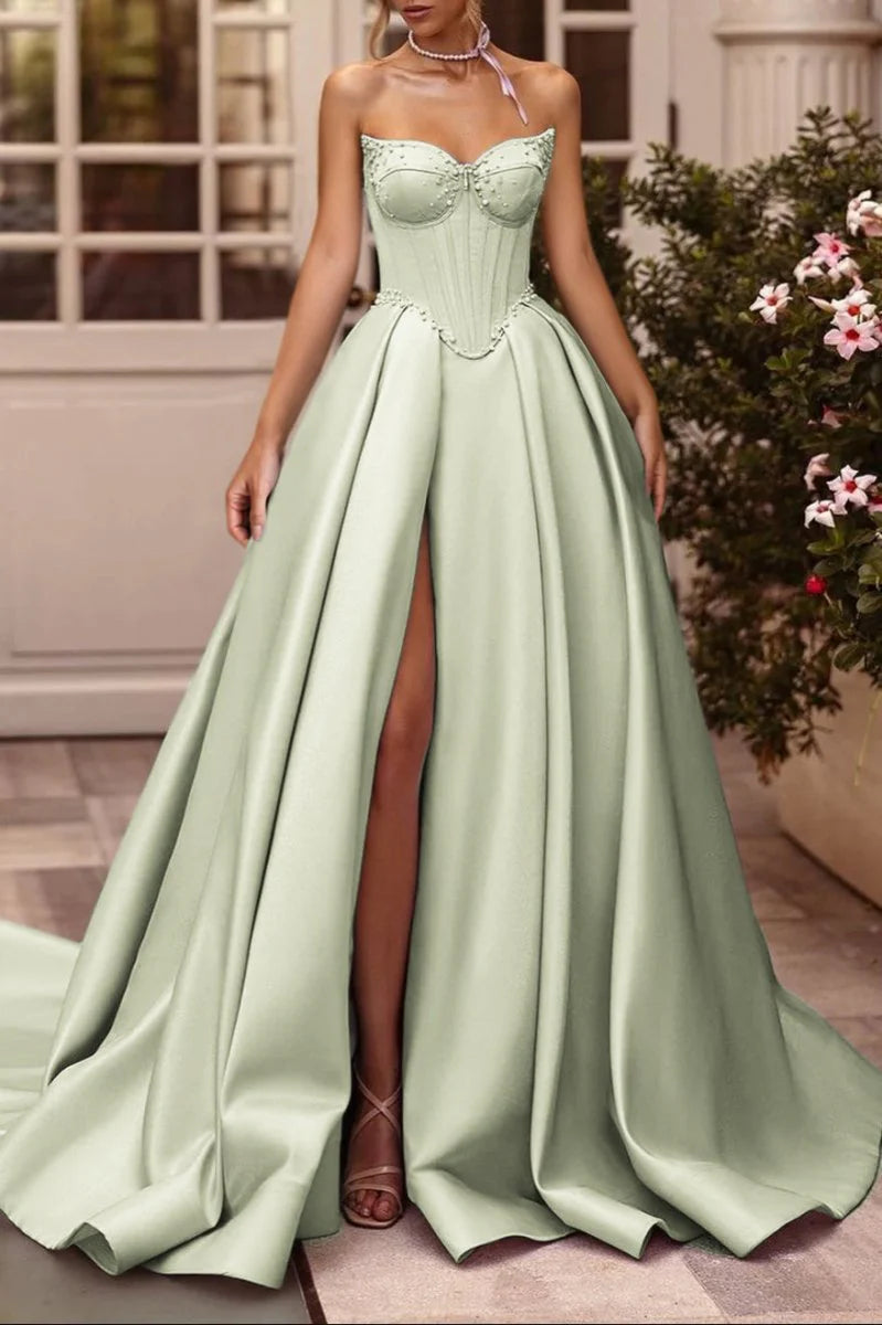 Sage Satin Beaded A-Line Sweetheart Long Corset Prom Dress with High Slit (Gloves are not Included)