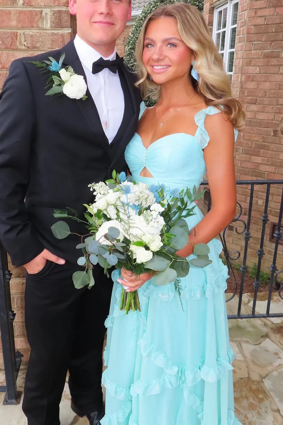 Long Blue A-Line Strap Ruffled Sweetheart High Waist Long Ball Gown