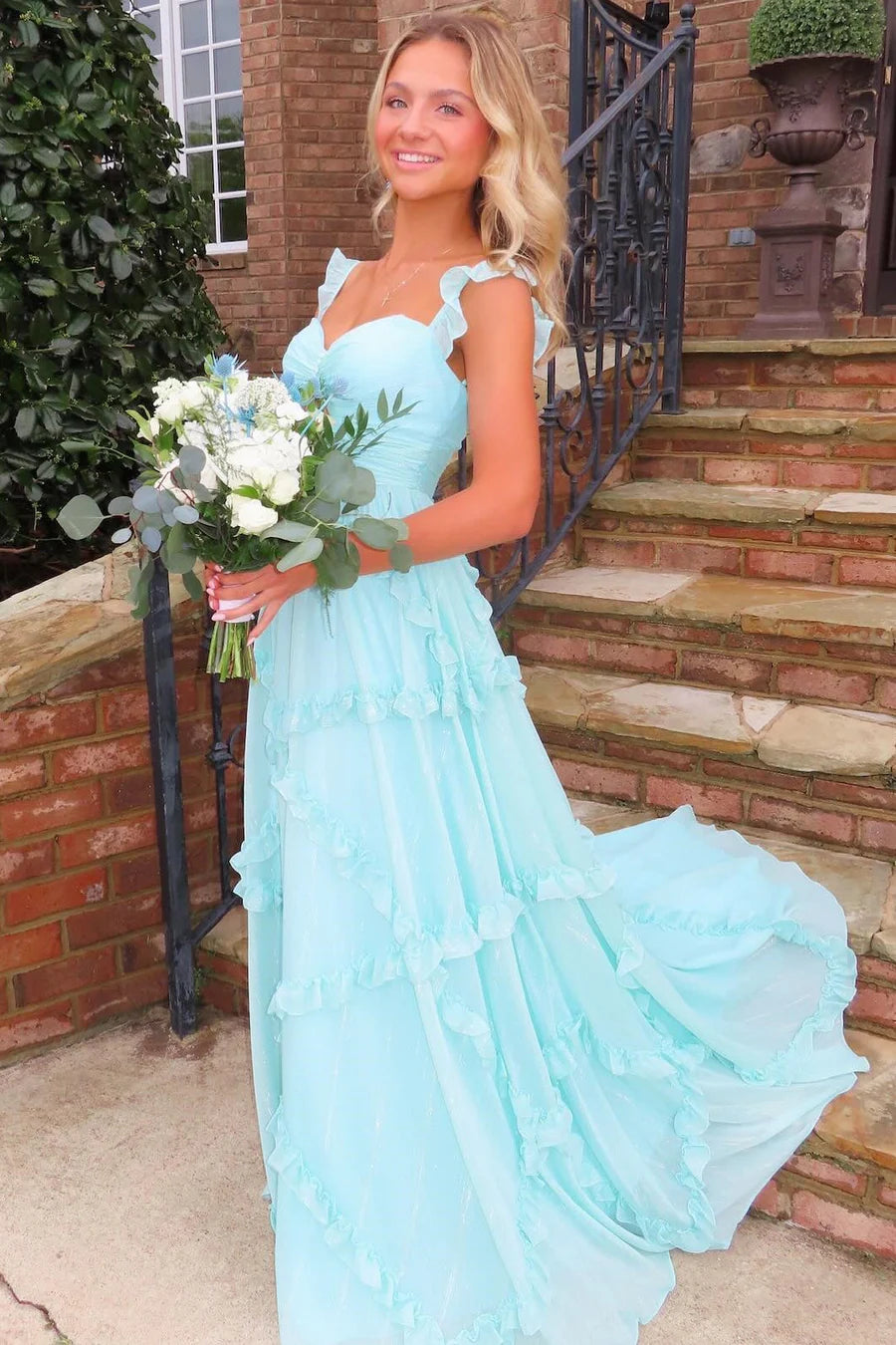 Long Blue A-Line Strap Ruffled Sweetheart High Waist Long Ball Gown