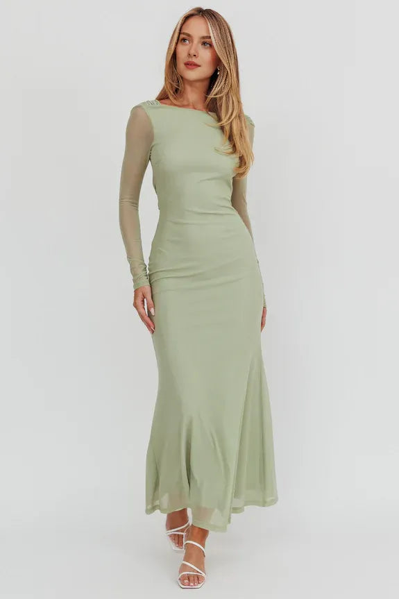 Long Sleeves Open Back Mesh Sage Maxi Homecoming Dress Prom Dress