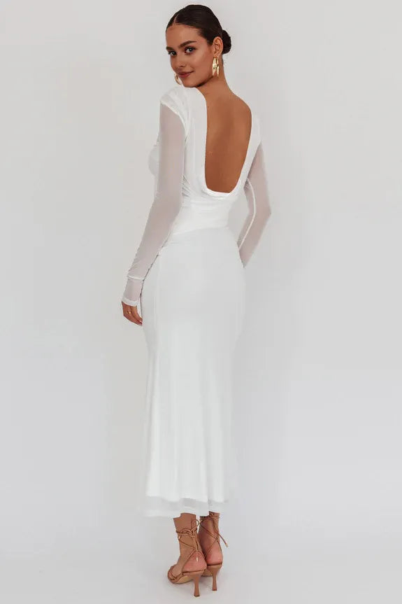 Long Sleeves Open Back Mesh White Maxi Homecoming Dress Prom Dress