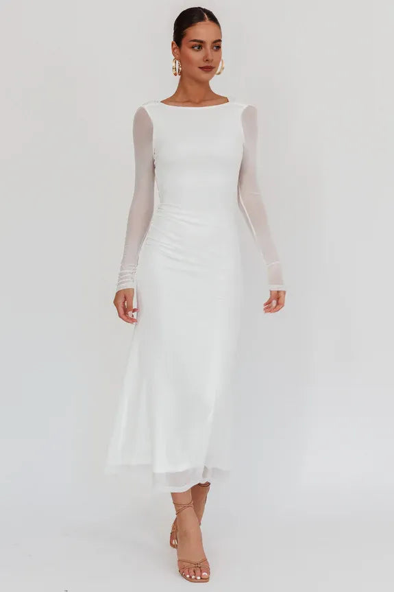 Long Sleeves Open Back Mesh White Maxi Homecoming Dress Prom Dress