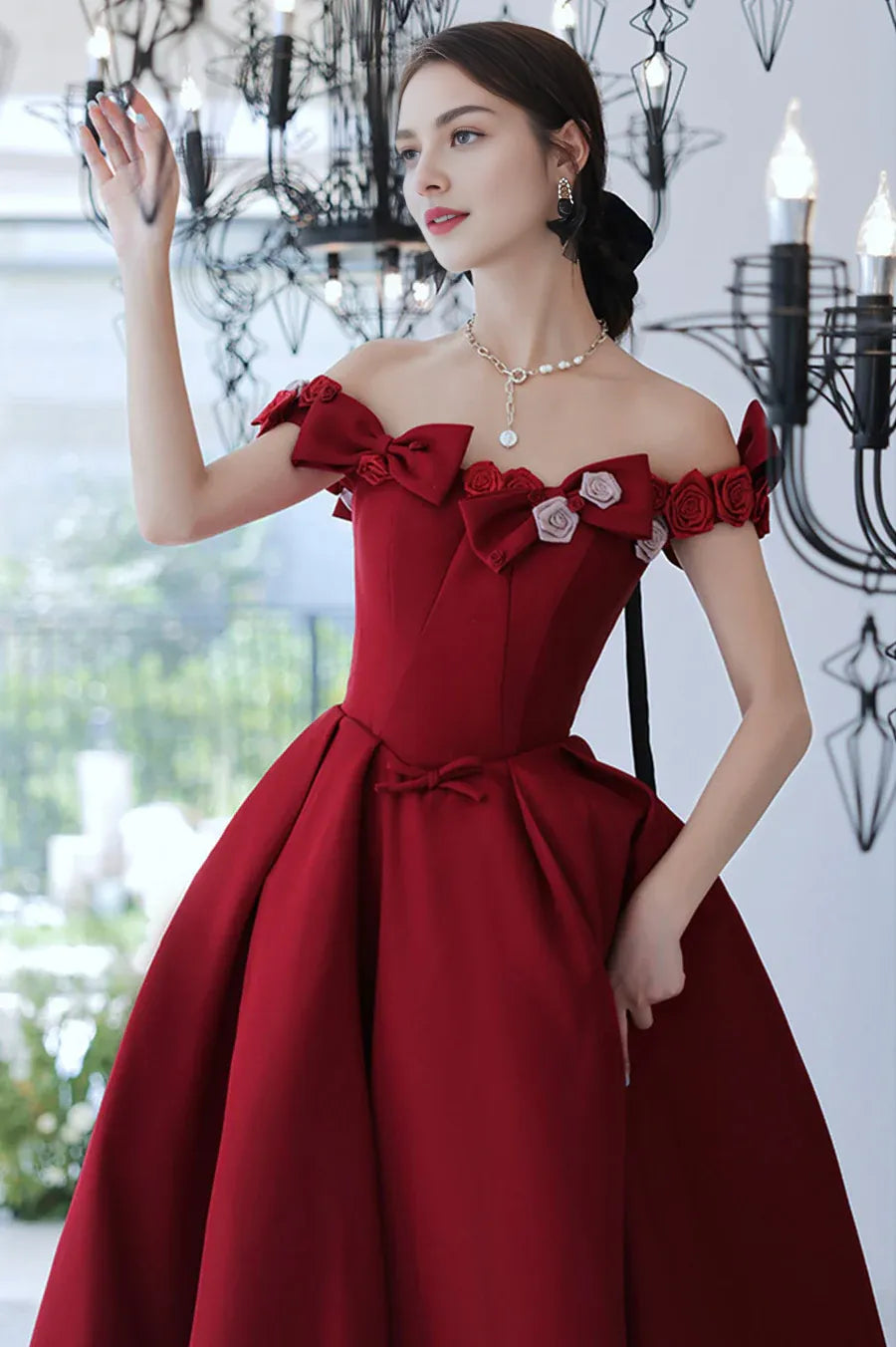 Lovely A-Line 3D Flowers Bow Satin Burgundy Long Prom Dresses With Short Train