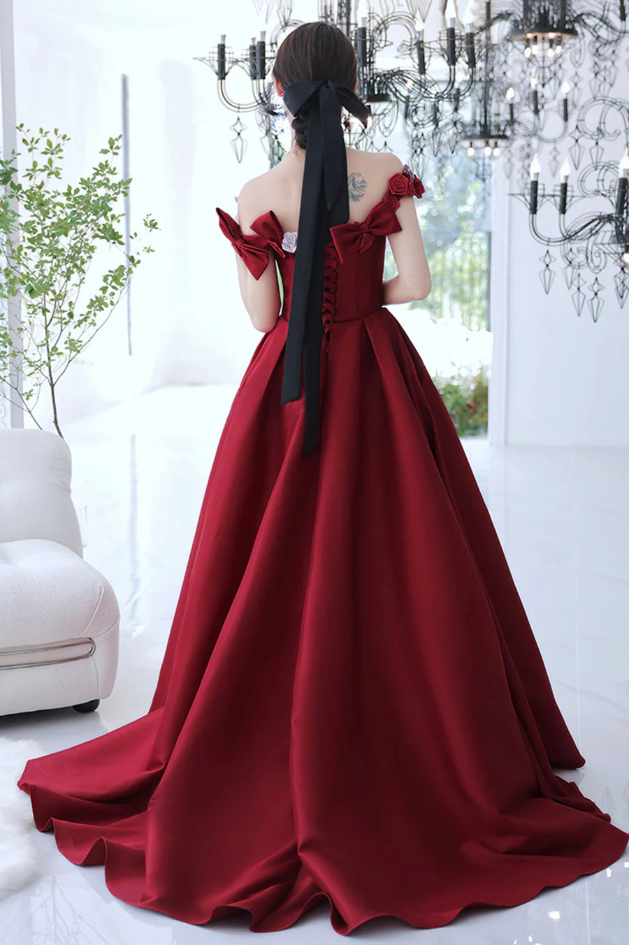 Lovely A-Line 3D Flowers Bow Satin Burgundy Long Prom Dresses With Short Train