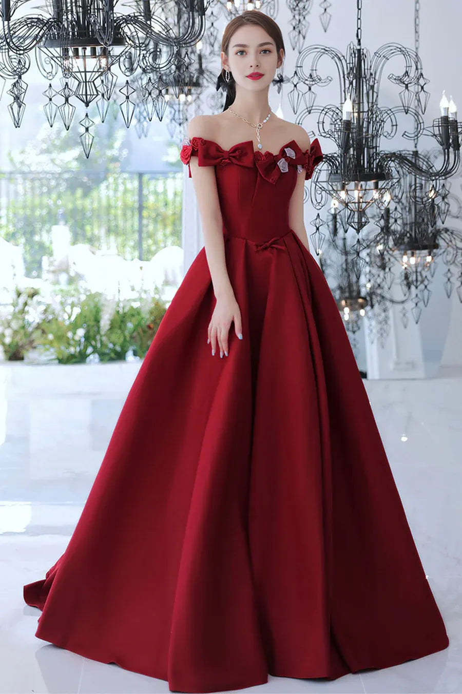 Lovely A-Line 3D Flowers Bow Satin Burgundy Long Prom Dresses With Short Train