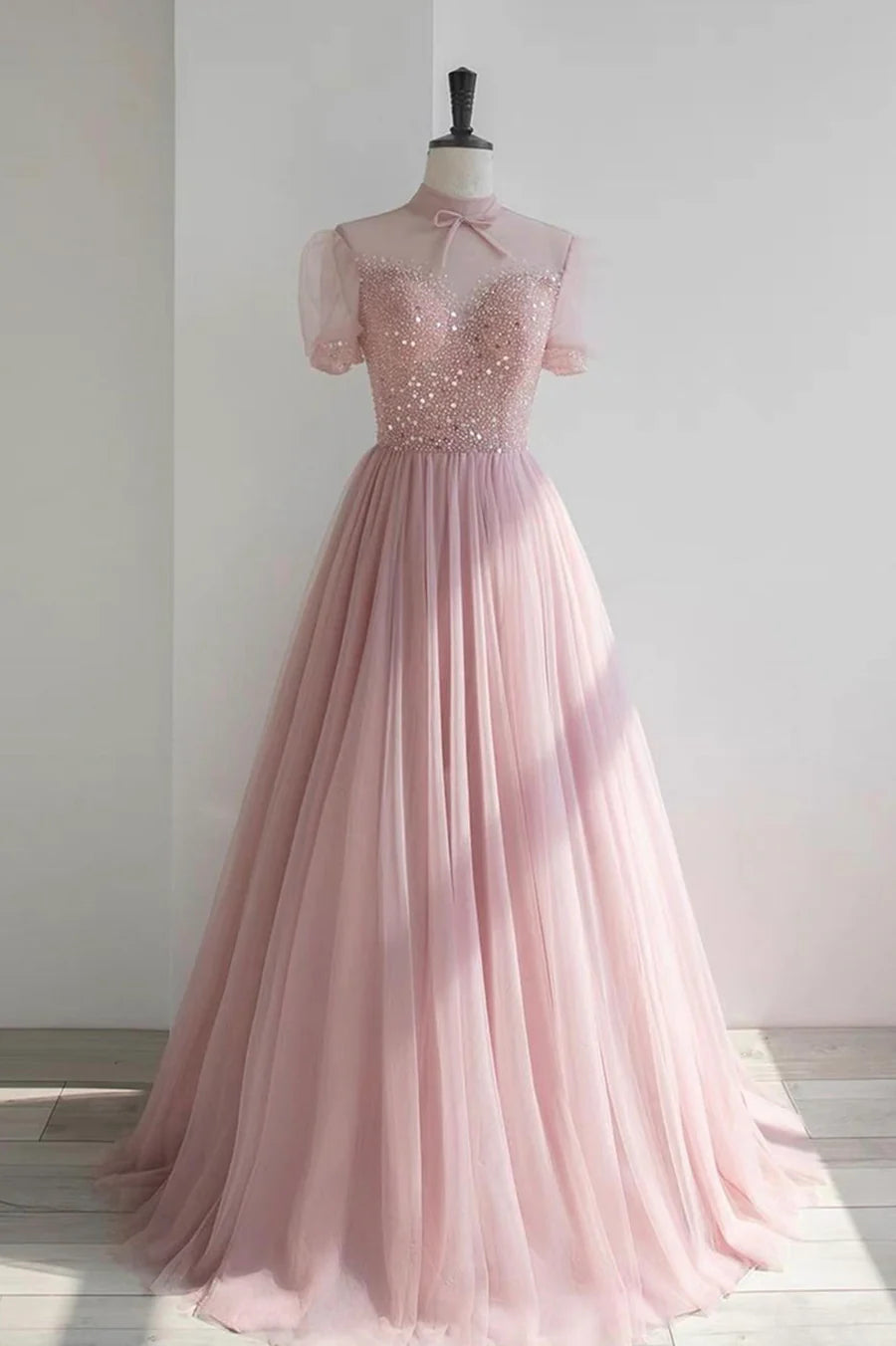 Lovely A-Line High Neck Short Sleeves Beaded Tulle Pink Long Prom Dresses