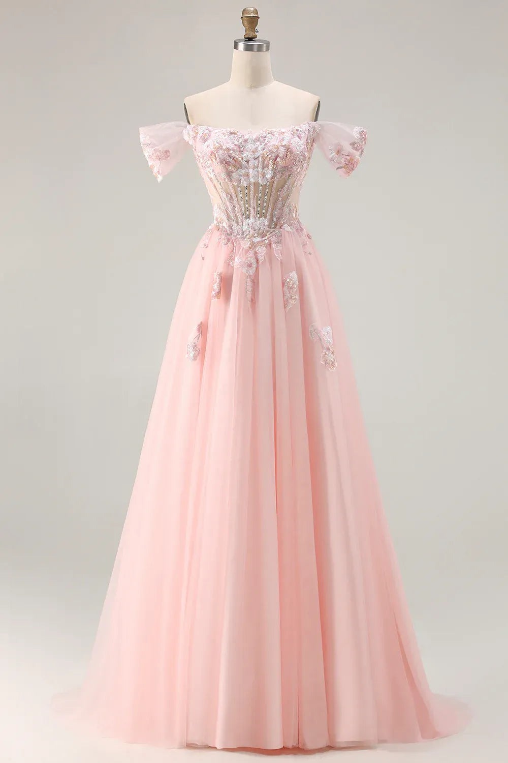 Lovely A-Line Off-Shoulder Corset Beaded Sequins Pink Maxi Prom Dress
