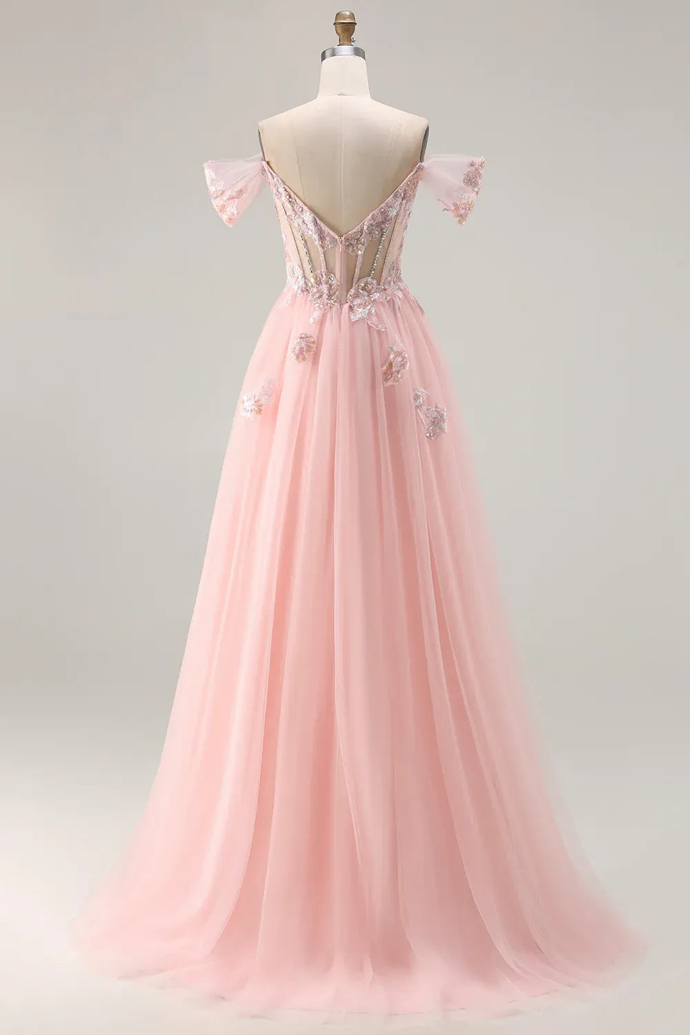 Lovely A-Line Off-Shoulder Corset Beaded Sequins Pink Maxi Prom Dress