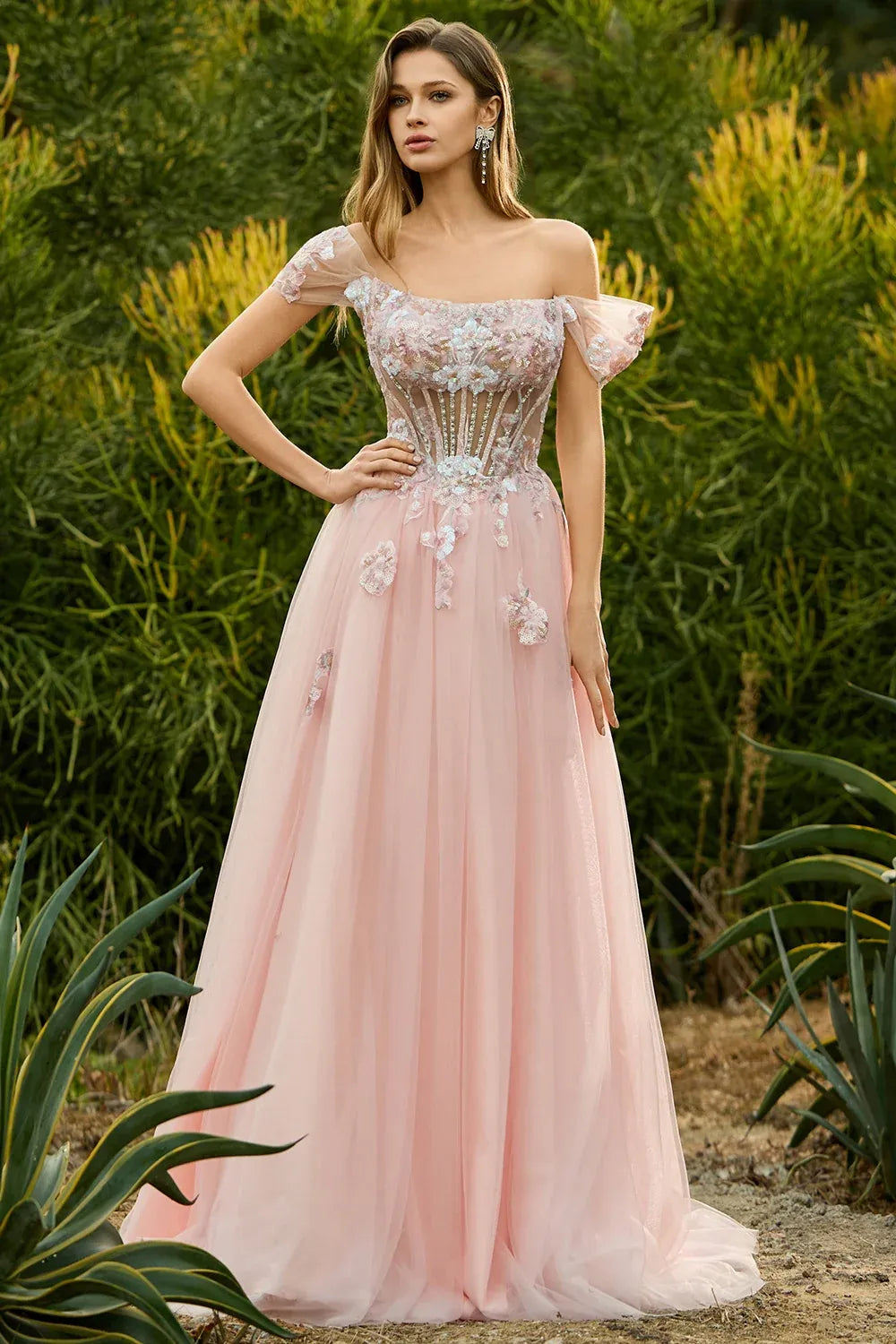 Lovely A-Line Off-Shoulder Corset Beaded Sequins Pink Maxi Prom Dress
