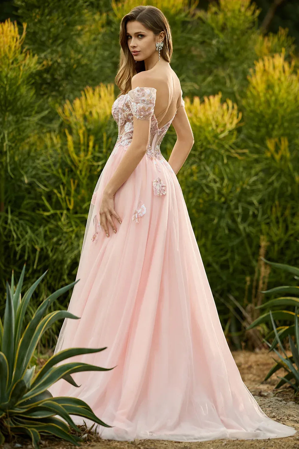 Lovely A-Line Off-Shoulder Corset Beaded Sequins Pink Maxi Prom Dress