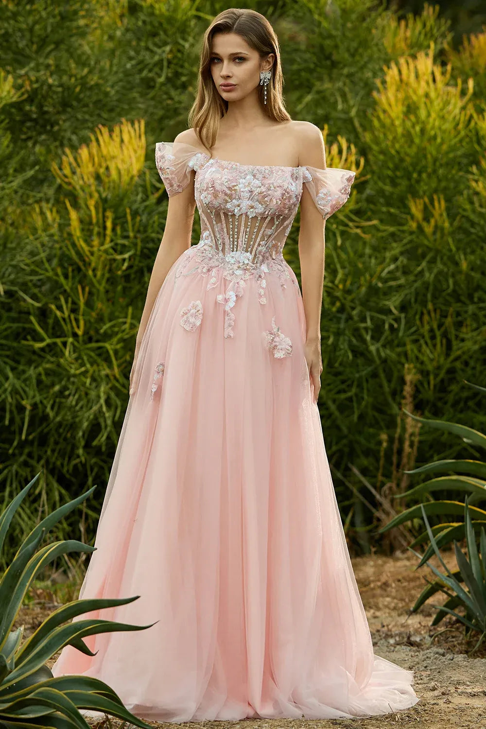 Lovely A-Line Off-Shoulder Corset Beaded Sequins Pink Maxi Prom Dress