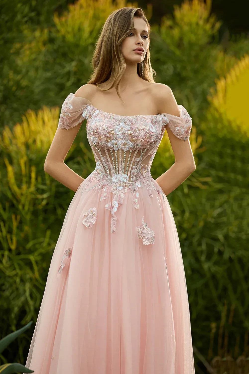 Lovely A-Line Off-Shoulder Corset Beaded Sequins Pink Maxi Prom Dress