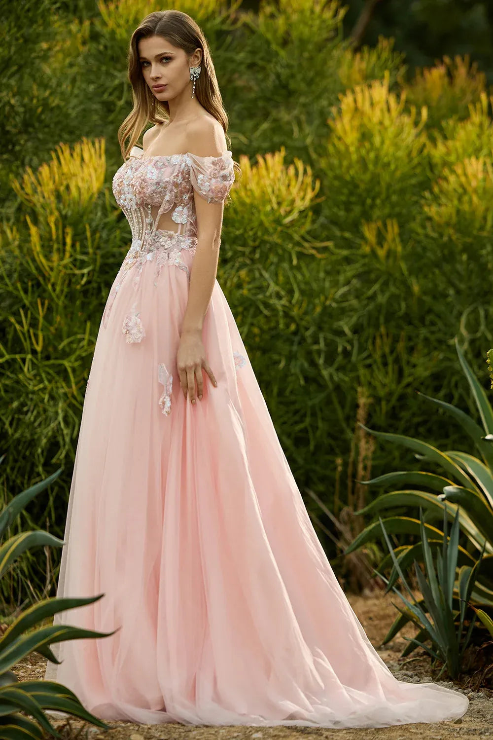 Lovely A-Line Off-Shoulder Corset Beaded Sequins Pink Maxi Prom Dress