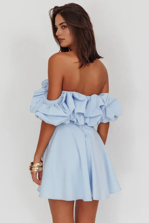 Lovely A-Line Off-Shoulder Open Back Blue Mini Homecoming Dress For Sale