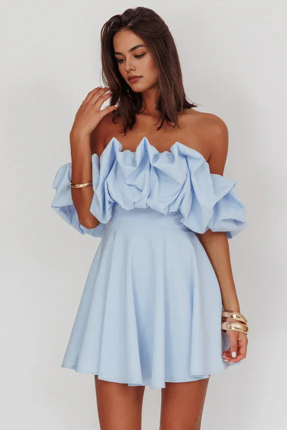 Lovely A-Line Off-Shoulder Open Back Blue Mini Homecoming Dress For Sale