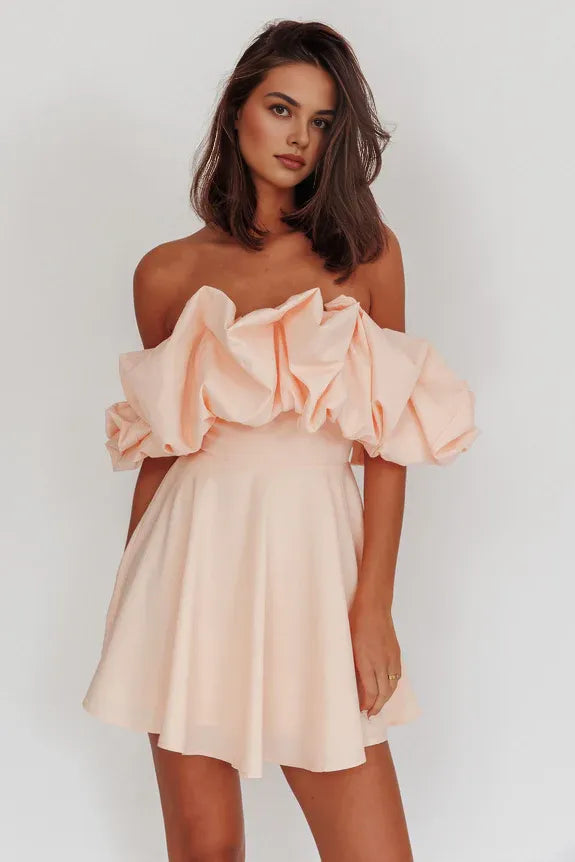 Lovely A-Line Off-Shoulder Open Back Blush Mini Homecoming Dress For Sale