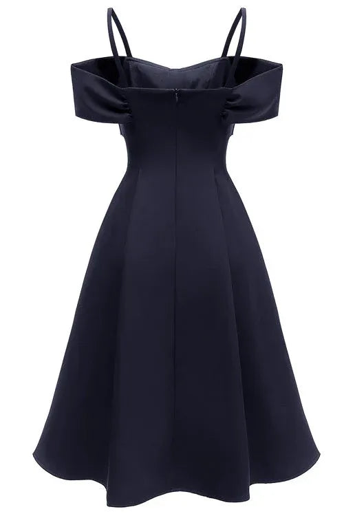 Lovely A-Line Off-the-Shoulder Spaghetti Strap Bow Navy Blue Short Homecoming Dress