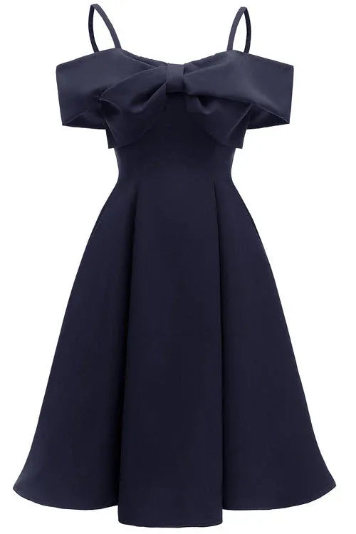 Lovely A-Line Off-the-Shoulder Spaghetti Strap Bow Navy Blue Short Homecoming Dress