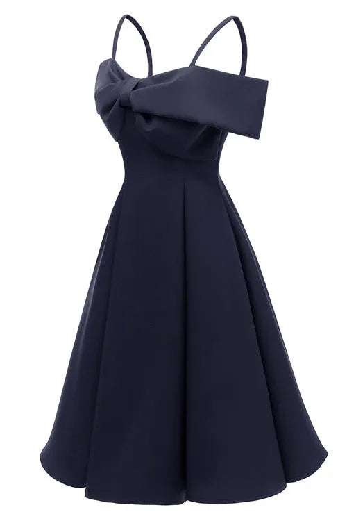 Lovely A-Line Off-the-Shoulder Spaghetti Strap Bow Navy Blue Short Homecoming Dress