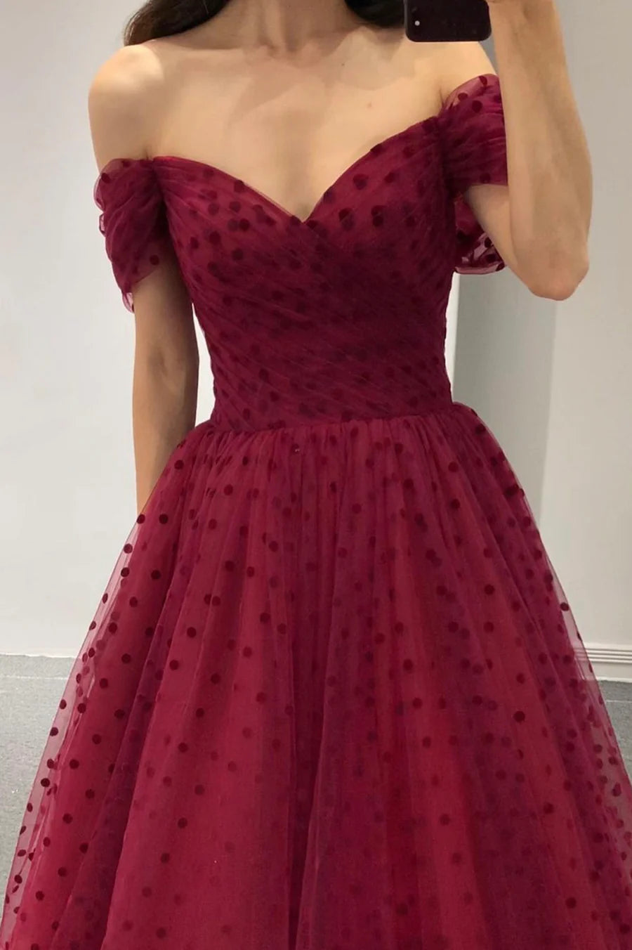 Lovely A-Line Off the Shoulder Polka Dots Tulle Burgundy Tea Length Prom Dress