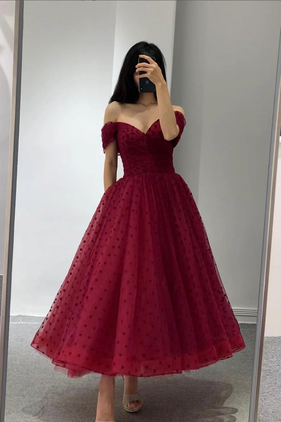 Lovely A-Line Off the Shoulder Polka Dots Tulle Burgundy Tea Length Prom Dress