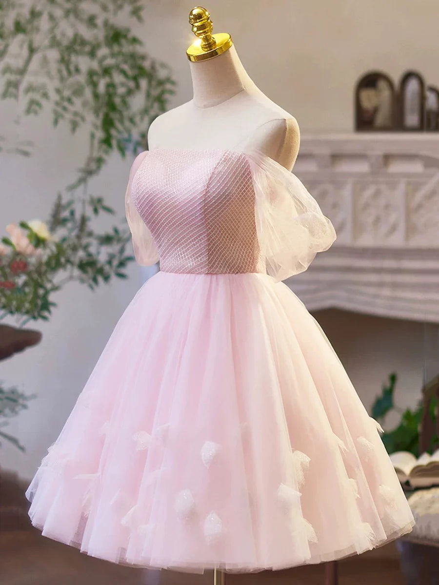 Lovely A-Line Pink Tulle Off the Shoulder Prom Dress Pink Short Homecoming Dress For Ladies