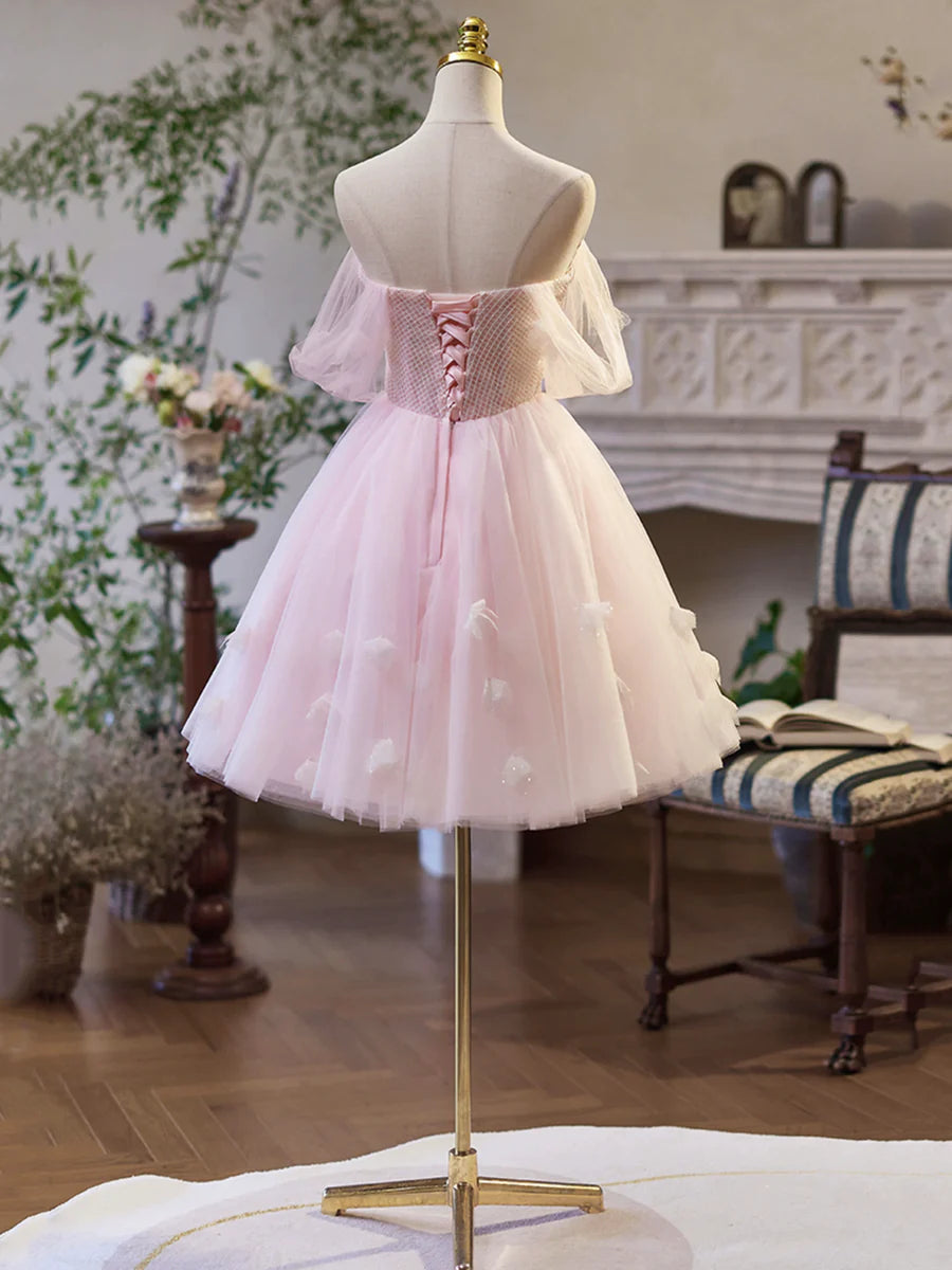 Lovely A-Line Pink Tulle Off the Shoulder Prom Dress Pink Short Homecoming Dress For Ladies