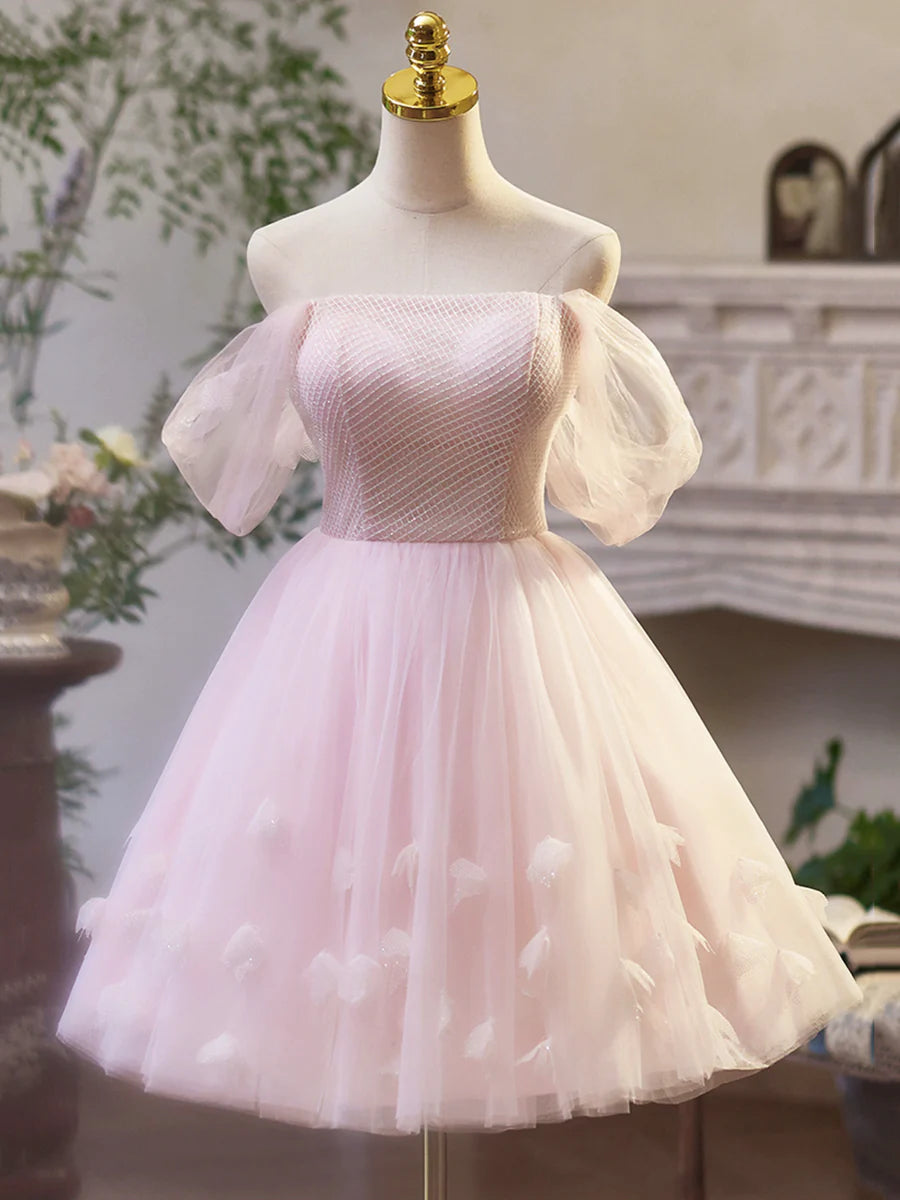 Lovely A-Line Pink Tulle Off the Shoulder Prom Dress Pink Short Homecoming Dress For Ladies