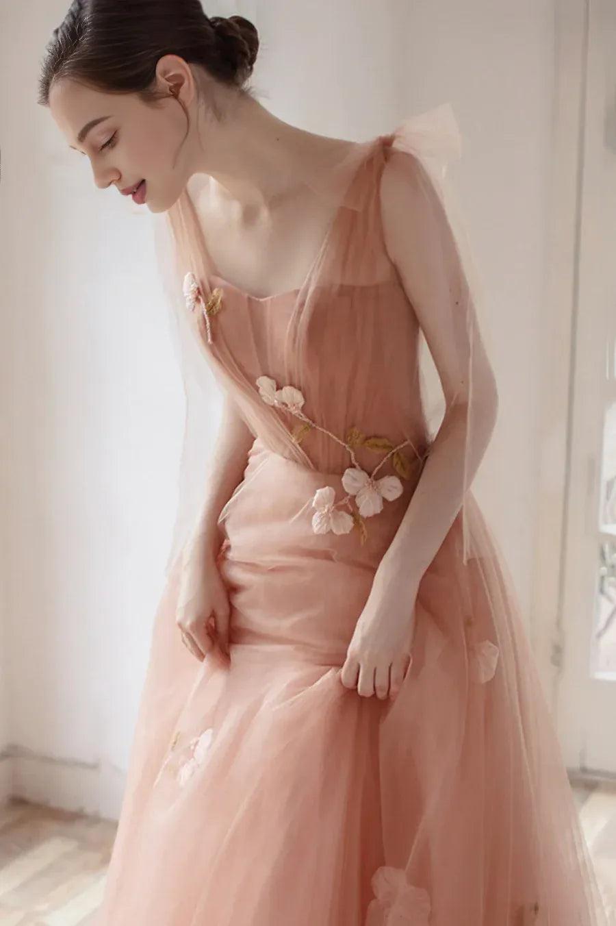 Lovely A-Line Pleated Applique Tulle Pink Long Prom Dress With Short Train