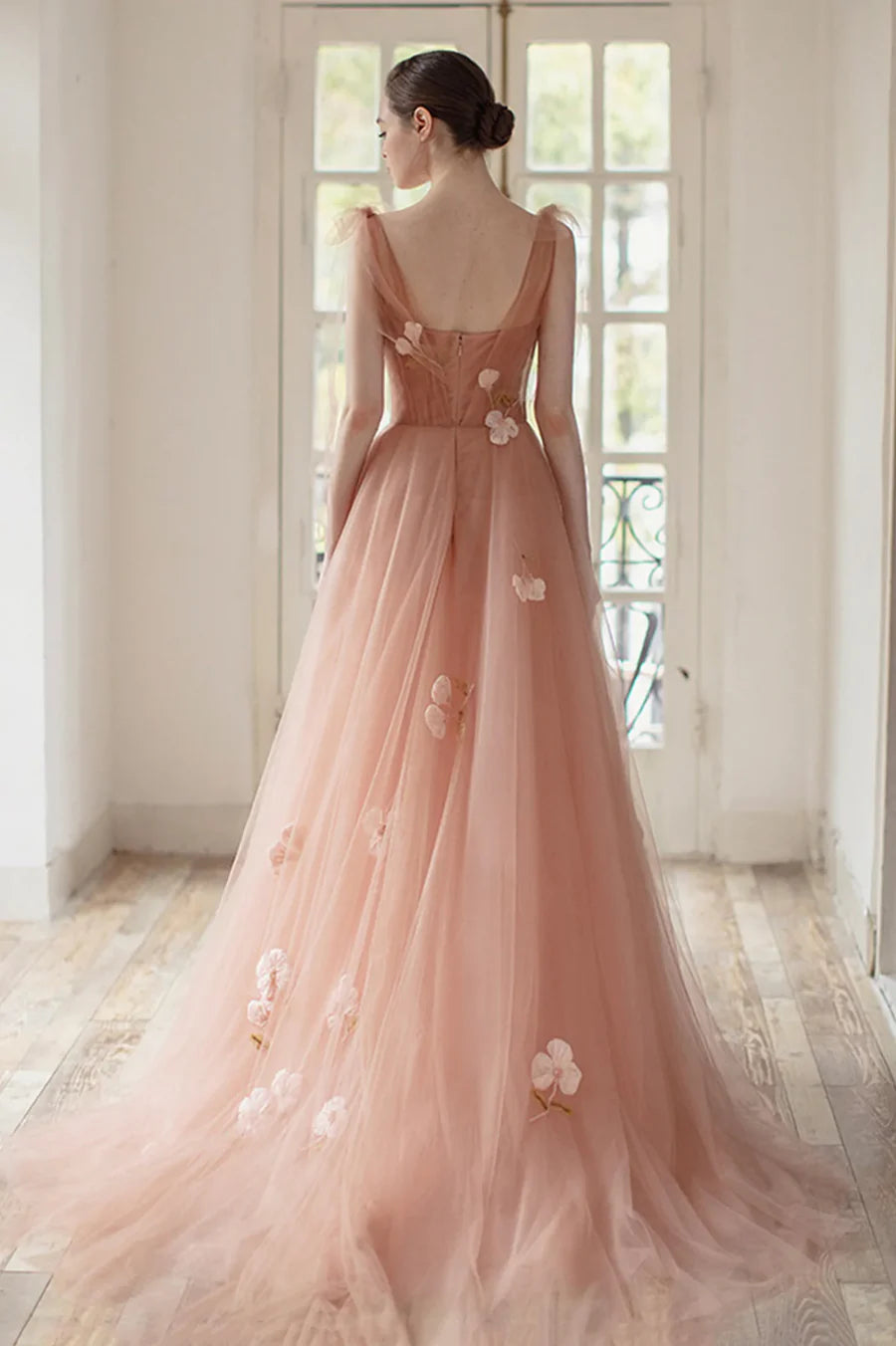 Lovely A-Line Pleated Applique Tulle Pink Long Prom Dress With Short Train