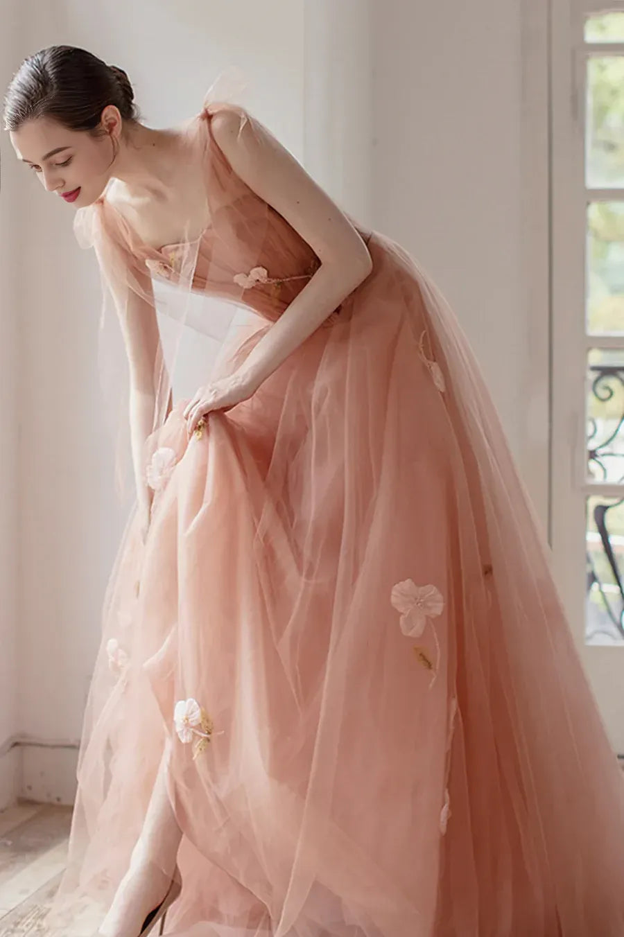 Lovely A-Line Pleated Applique Tulle Pink Long Prom Dress With Short Train
